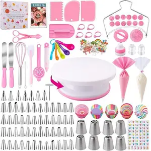 356Pcs home DIY cake piping tool set rotatable cake stand assorted icing tips pastry bag smoother cookie cutter full baking supplies