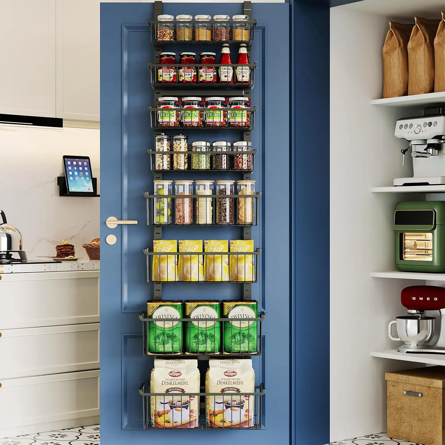 Over The Door Pantry Organizer, 8-Tier Over The Door Organizer with Adjustable Baskets, Metal Hanging Spice Rack for Pantry Organizers and Storage, Suitable for Kitchen Laundry Room & Bathroom, Black
