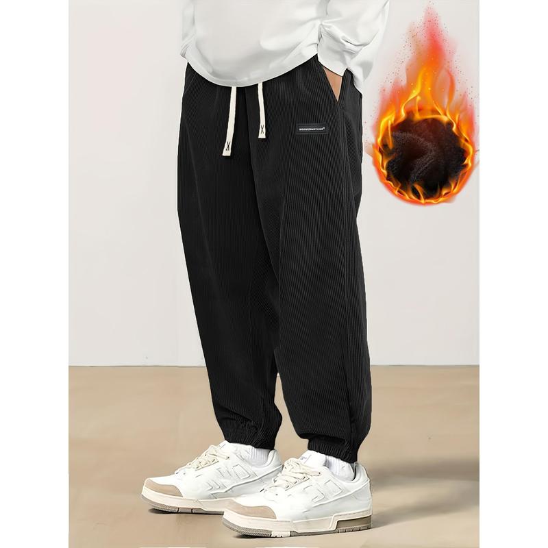 Men's Corduroy Joggers, Soft Thick Warm Texture, Drawstring Waist, Label Detail, Casual Daily Streetwear for Autumn-Winter
