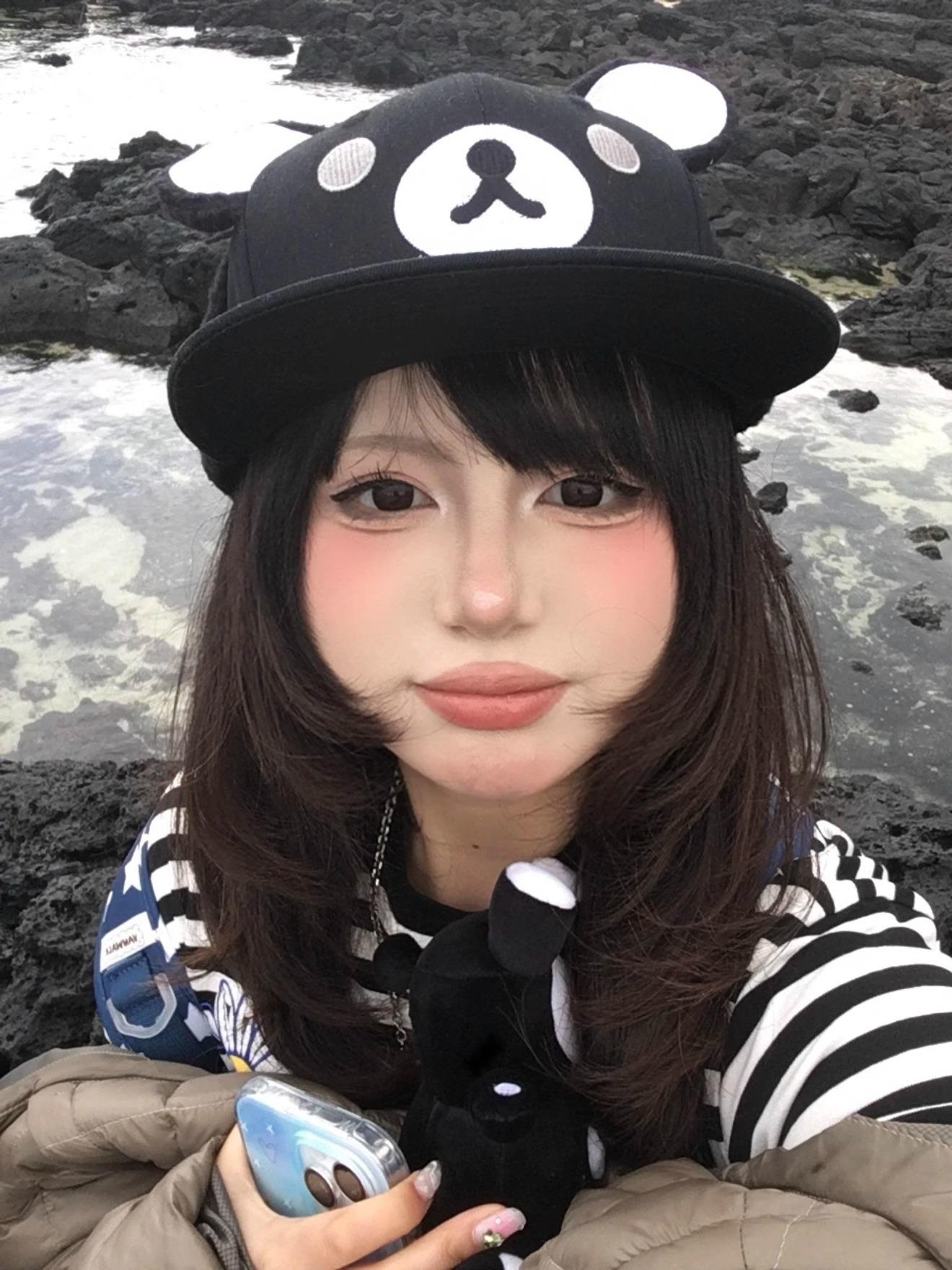 Cute Bear Ears Black Baseball Cap Adjustable Snapback Rilakkuma Inspired Y2k Sweet Cool Gyaru Daily Outfit For Girls Women