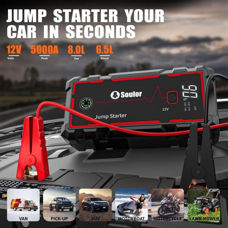Soulor CY20 Portable 5000A Car Jump Starter Powerful Multi-Function Battery Booster Power Bank for SUV/Truck Emergency & Camping