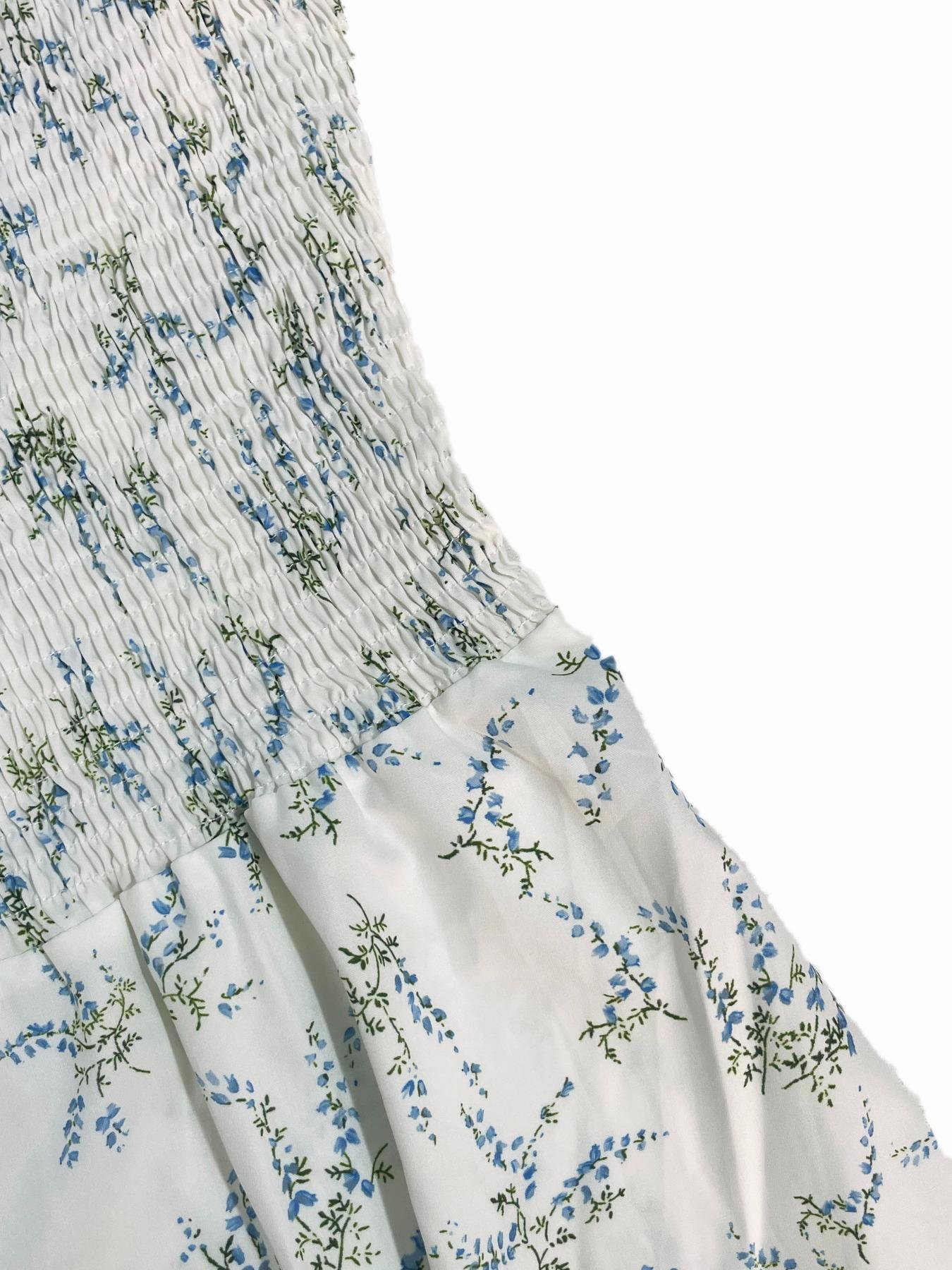 Women's Spring Summer Floral Print Puff Sleeve Dress with Bow Tie, Elegant Fitted Design with Adjustable Square Neck, Long Princess Skirt Womenswear