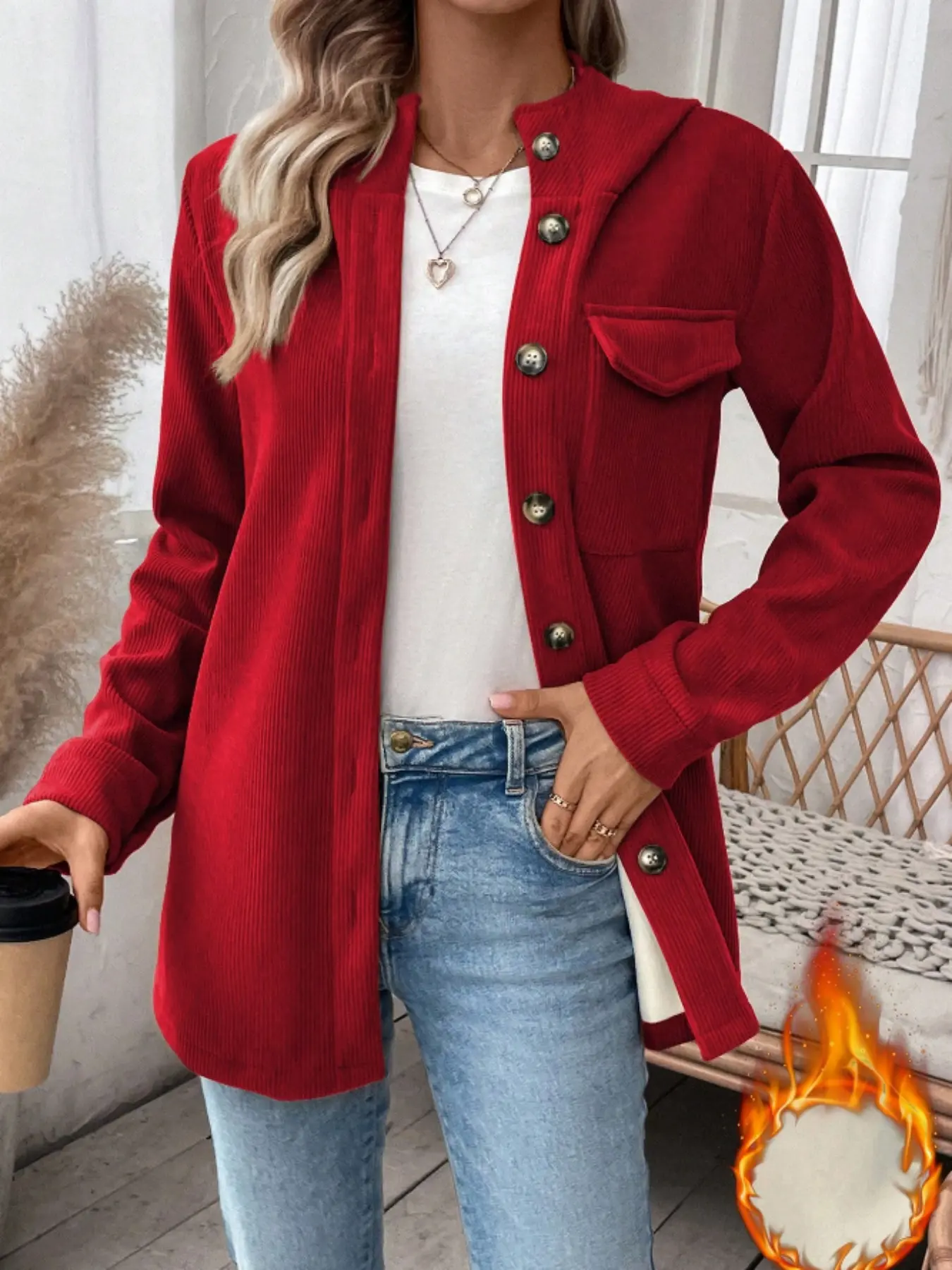 Women's Buttoned Hoodie Jacket Coats with Fleece Lining, Casual Loose-Fit Outerwear for Fall & Winter, Long Sleeve Plain Design