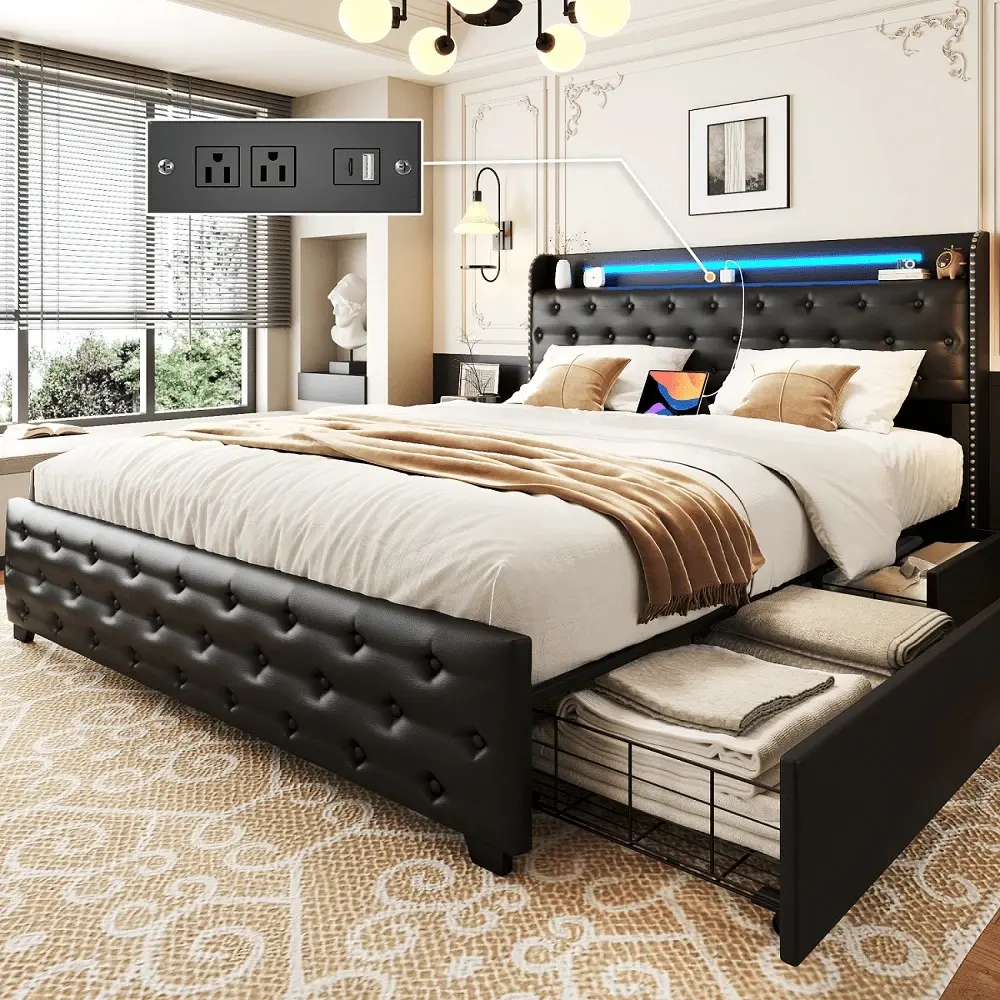Black Queen Size Upholstered Faux Leather LED Bed Frame with Wingback Headboard, Charging Station, Charging Port, 4 Storage Drawers, Metal Frame Support, No Box Spring Needed