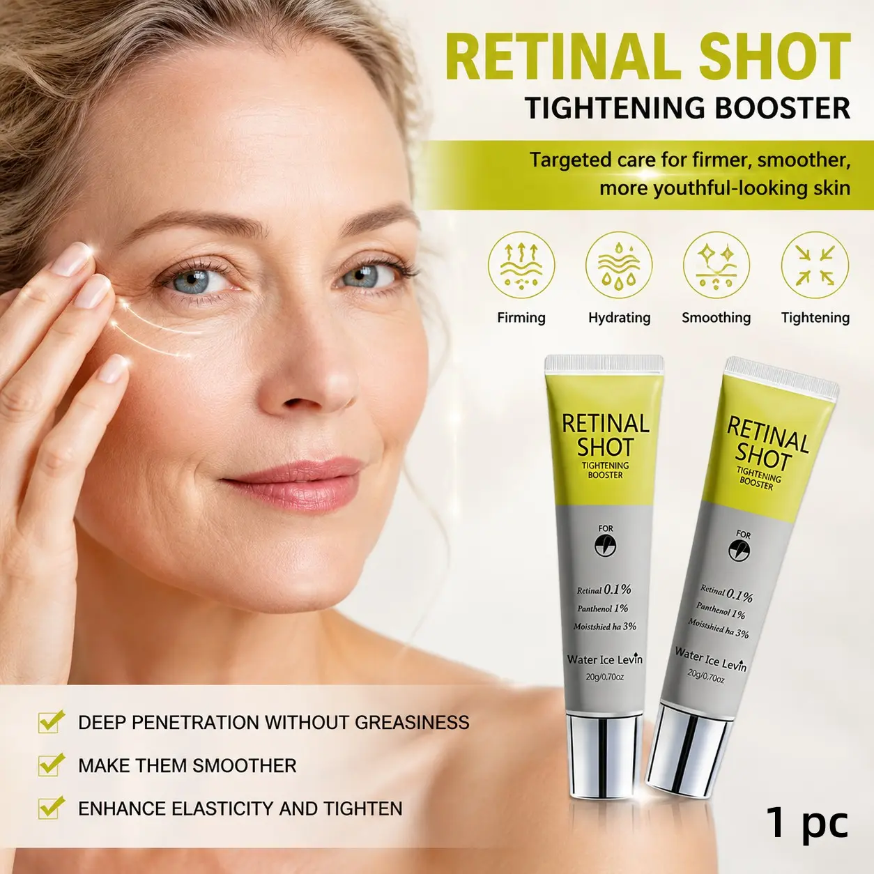 Firming Eye Cream – Contains retinol and collagen, moisturizes and hydrates, brightens and repairs, softens the eye area, smooths fine lines, and brings back youthful radiance. Light beige daily eye care, suitable for all skin types (sensitive, dry, oily,