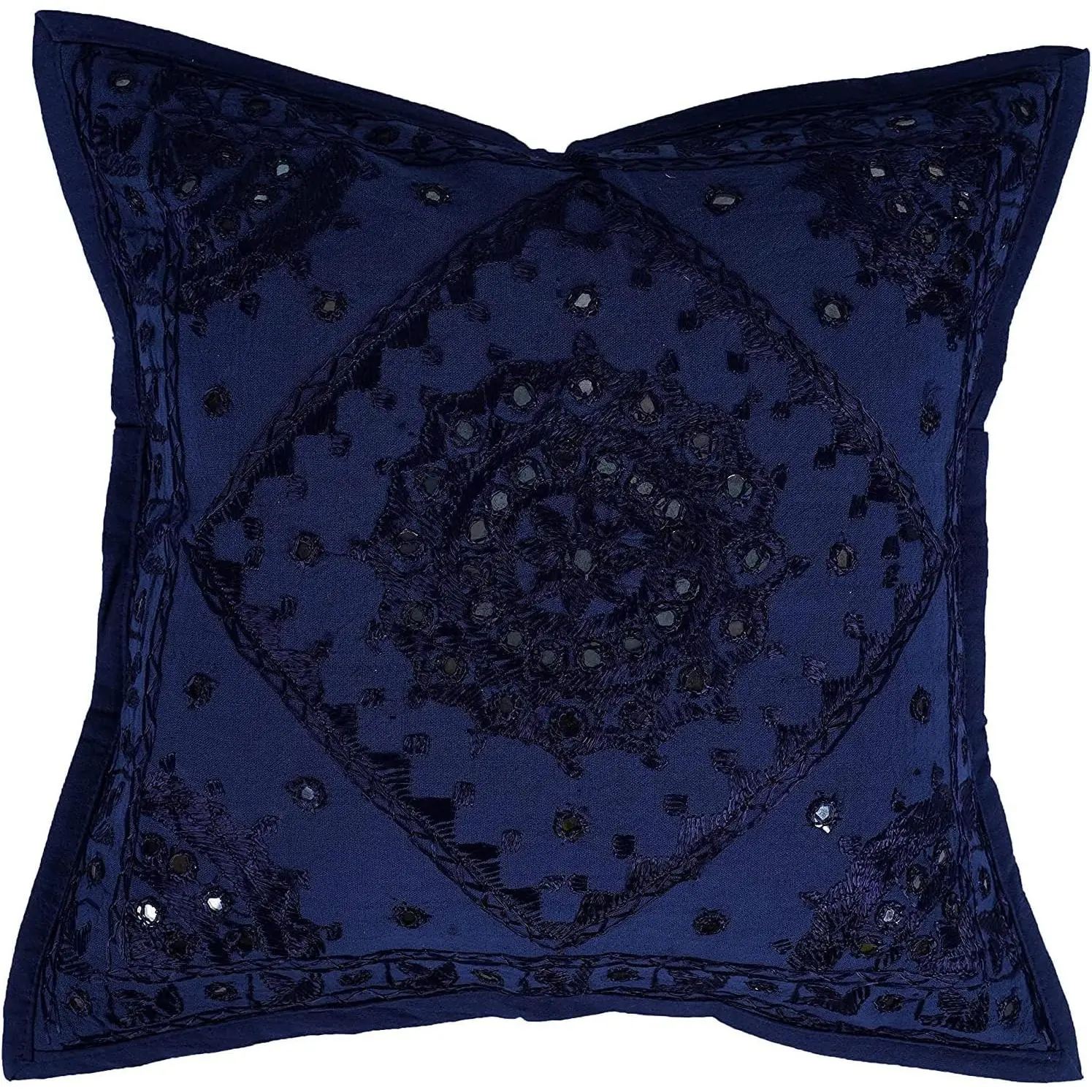 Indian Ethnic Blue Mirror Embroidered Cushion Cover - Boho Synthetic Fiber Decorative Pillow Case for Home, Room & House Decor, 16x16 in, Hand Wash Safe, Room Decor