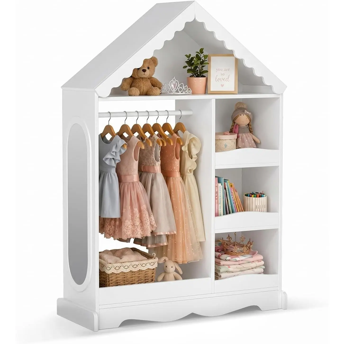 VOWNER Kid-Friendly Kids Wardrobe Closet with Mirror, Storage Shelves, Anti-Tip Device, Side Hooks, Slim Footprint & T-Shape Frame (White), Wood Pulp Fiber