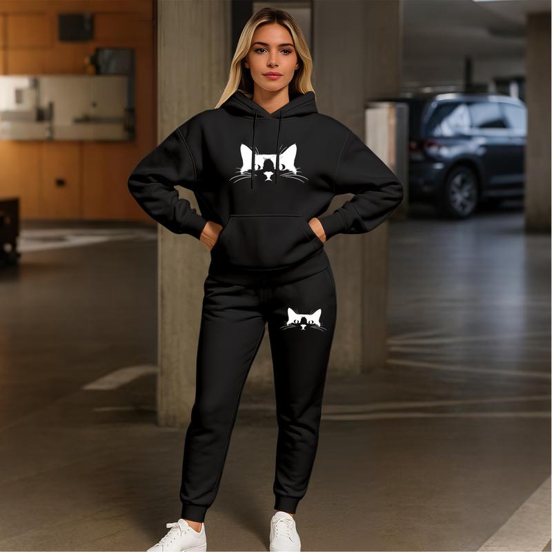 Women's Cat-Patterned Hoodie And Drawstring Track Pants Set, Casual Sportswear, Long-Sleeved Hooded Jacket And Pants, Suitable For Autumn And Winter, Everyday Wear, Indoor And Outdoor Sportswear, Sportswear Set, Casual Sportswear.