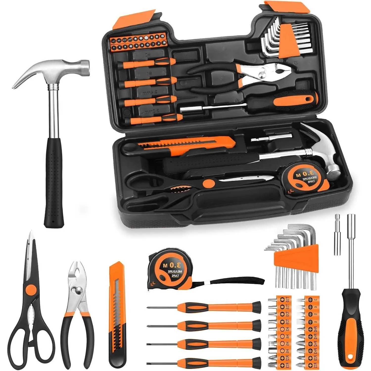 39-Piece Household Hand Tool Set with Plastic Toolbox Storage Case, Orange – General Home Tool Kit for DIY Repairs, Garage, Office, College Dormitory UseGift