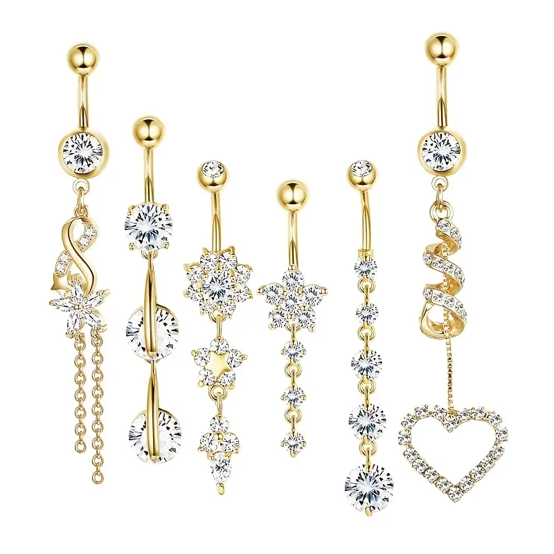 Women's 6pcs Cute 14G Hypoallergenic Surgical Steel Dangle Belly Button Rings - Flower, Heart Curved Navel Piercing Jewelry