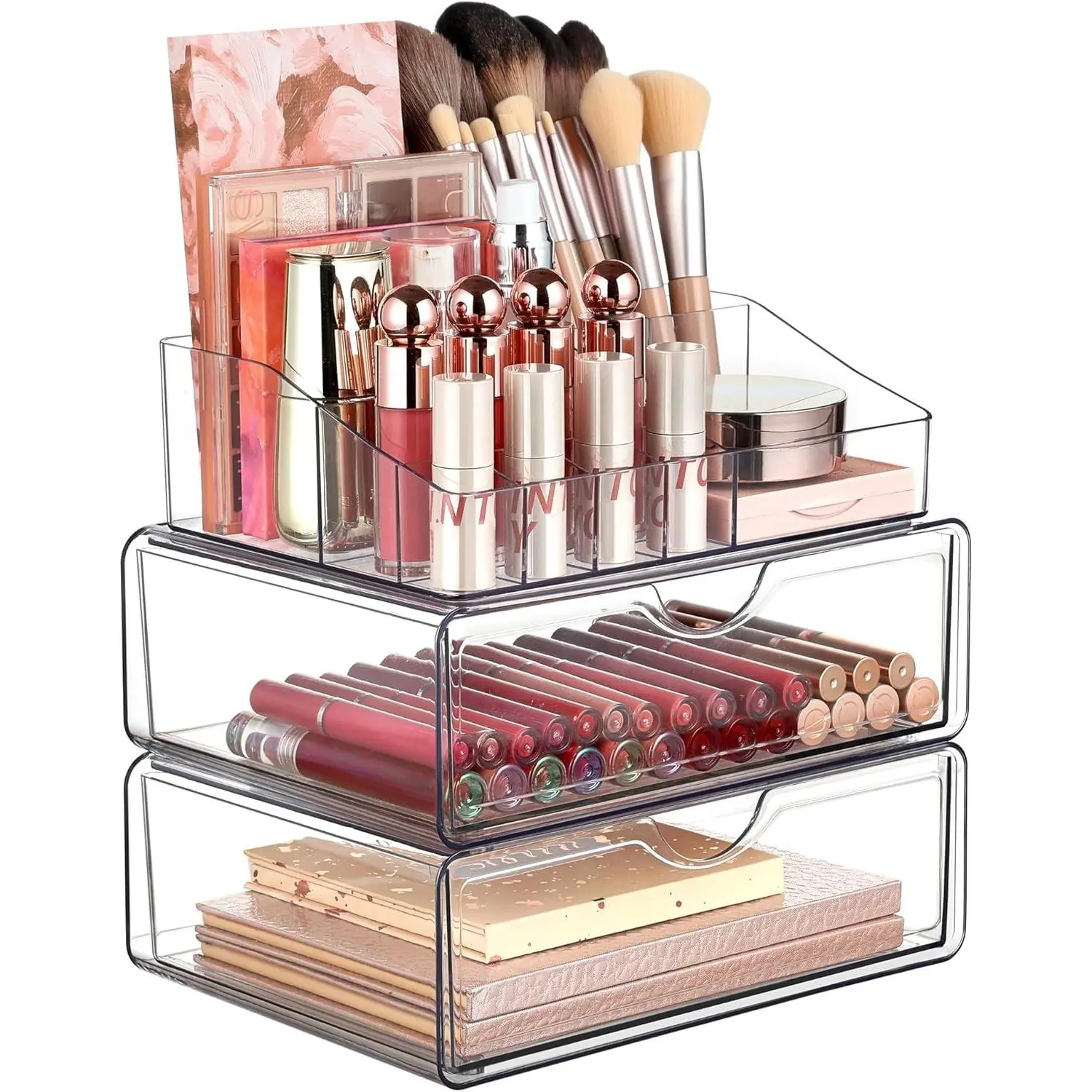 3 Tier Clear Makeup Organizer with Drawer, Cosmetic Storage for Dresser Countertop and Bathroom Vanity, Beauty Holder for Lipstick Brush Skincare