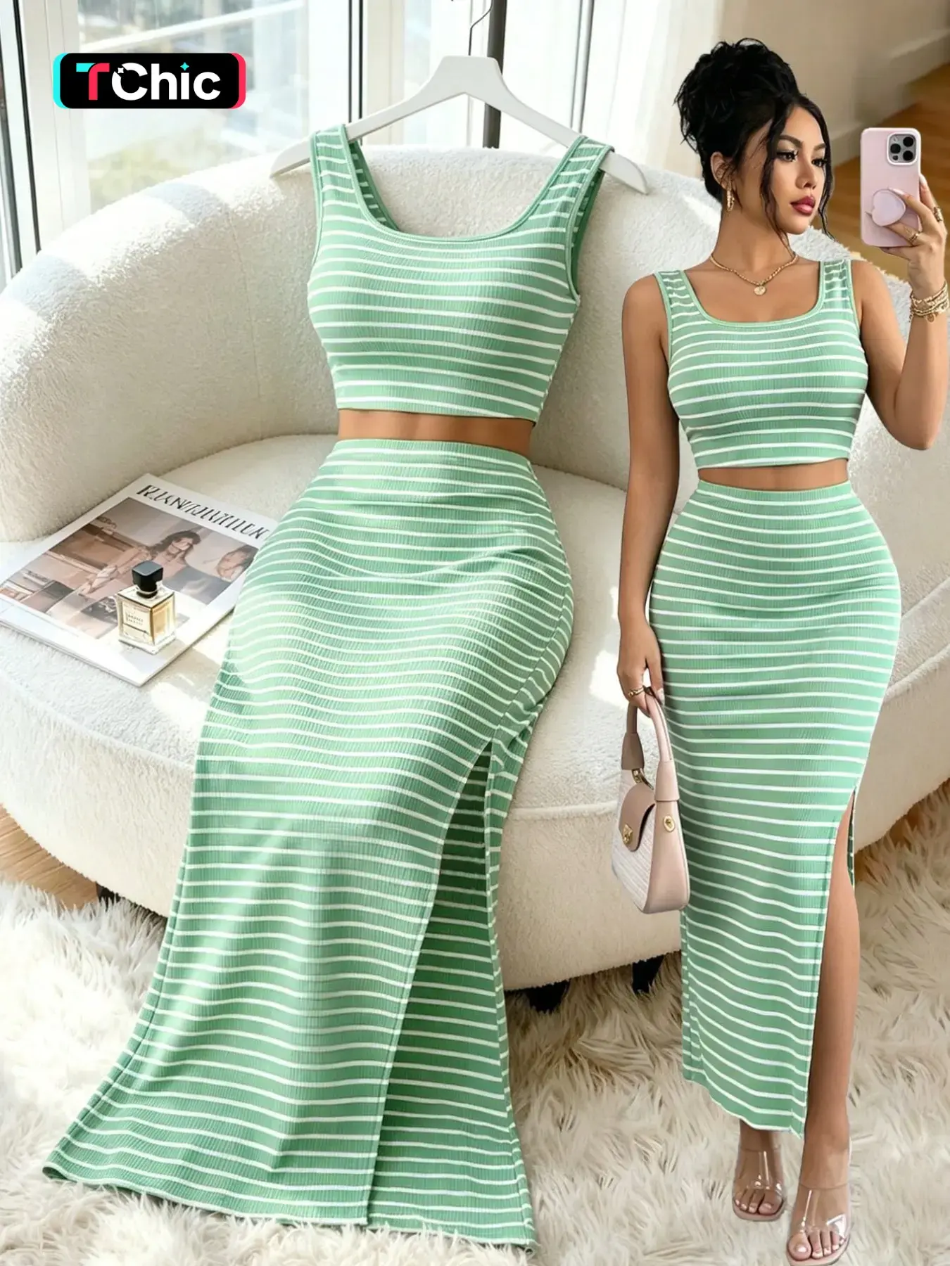 Women's Striped Two-Piece Skirt Set, Romantic Beach Vacation Style, Casual Summer Wear