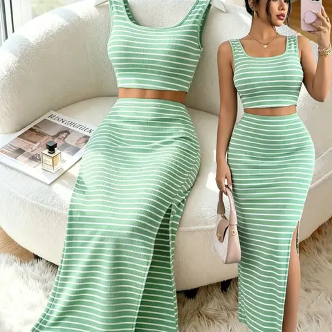 Women's Striped Two-Piece Skirt Set, Romantic Beach Vacation Style, Casual Summer Wear, Skirt Matching Set