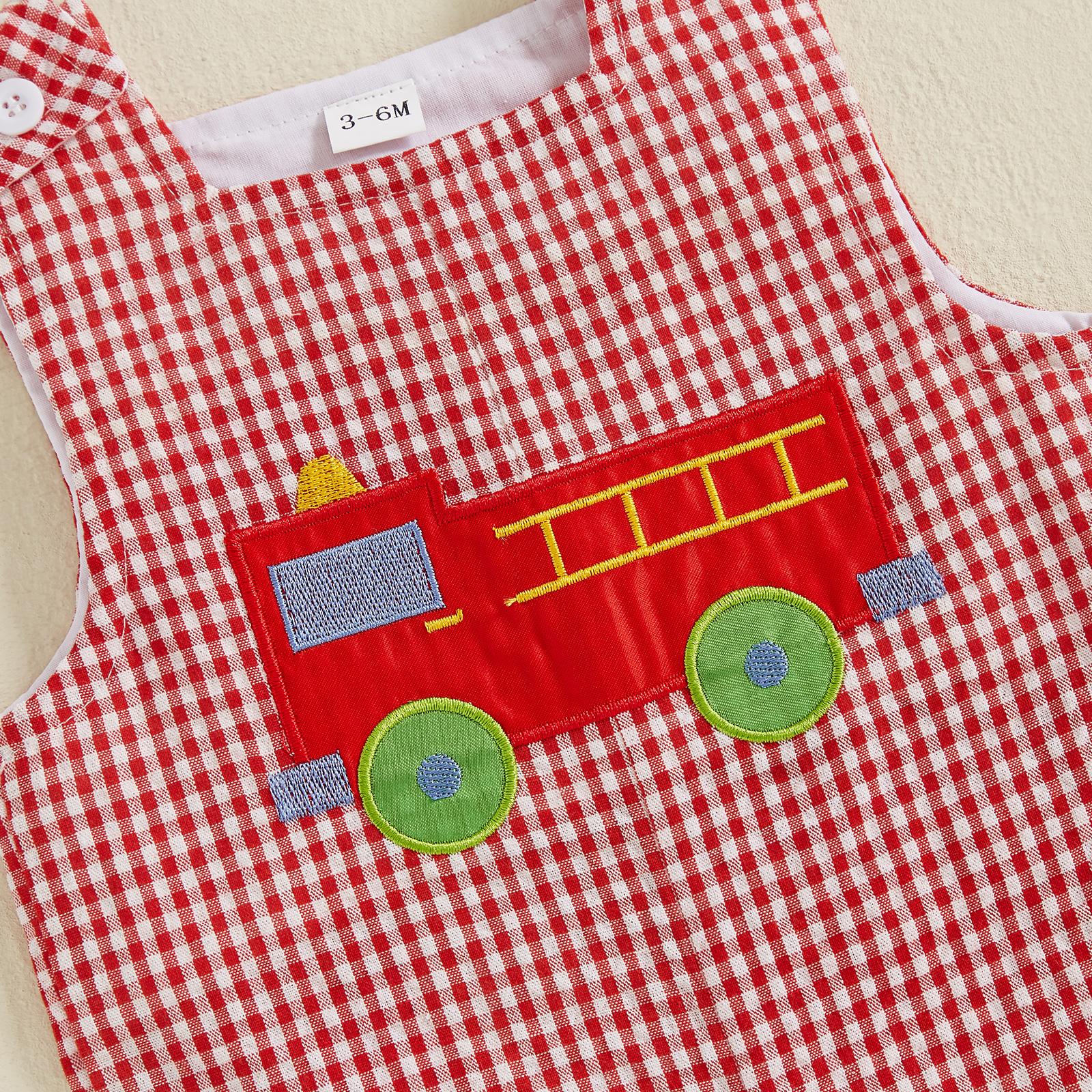Toddler Baby Plaid Overalls Romper Truck/Dog Embroidered Square Neck Sleeveless Bodysuit Cute Summer Clothes