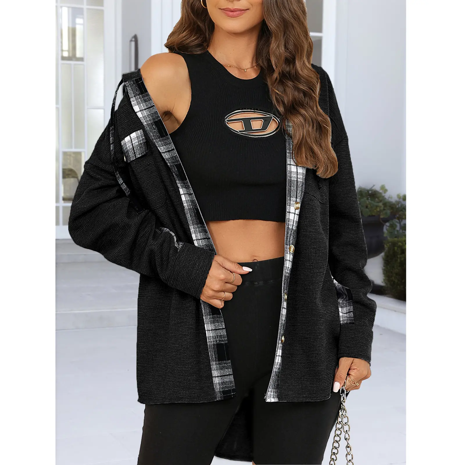 Women's Waffle Knit Hooded Shacket, Plaid Patchwork Button Down Long Sleeve Oversized Shirt Jacket with Pockets