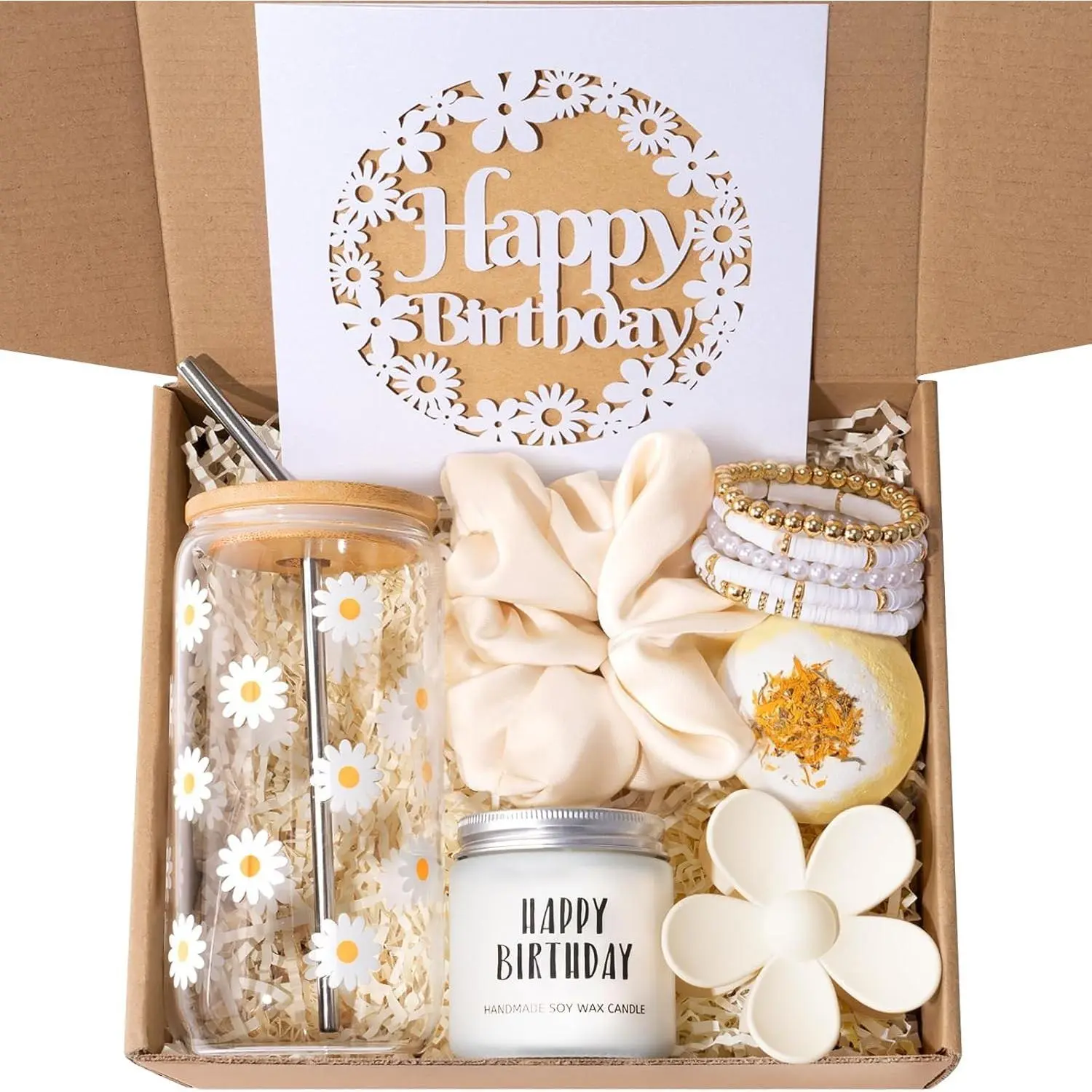 Birthday Gifts For Women Teen Girls 7pcs Gift Set Gift Baskets with Cute Daisy Aesthetic Glass Cups Perfect for Sister Daughter Friends
