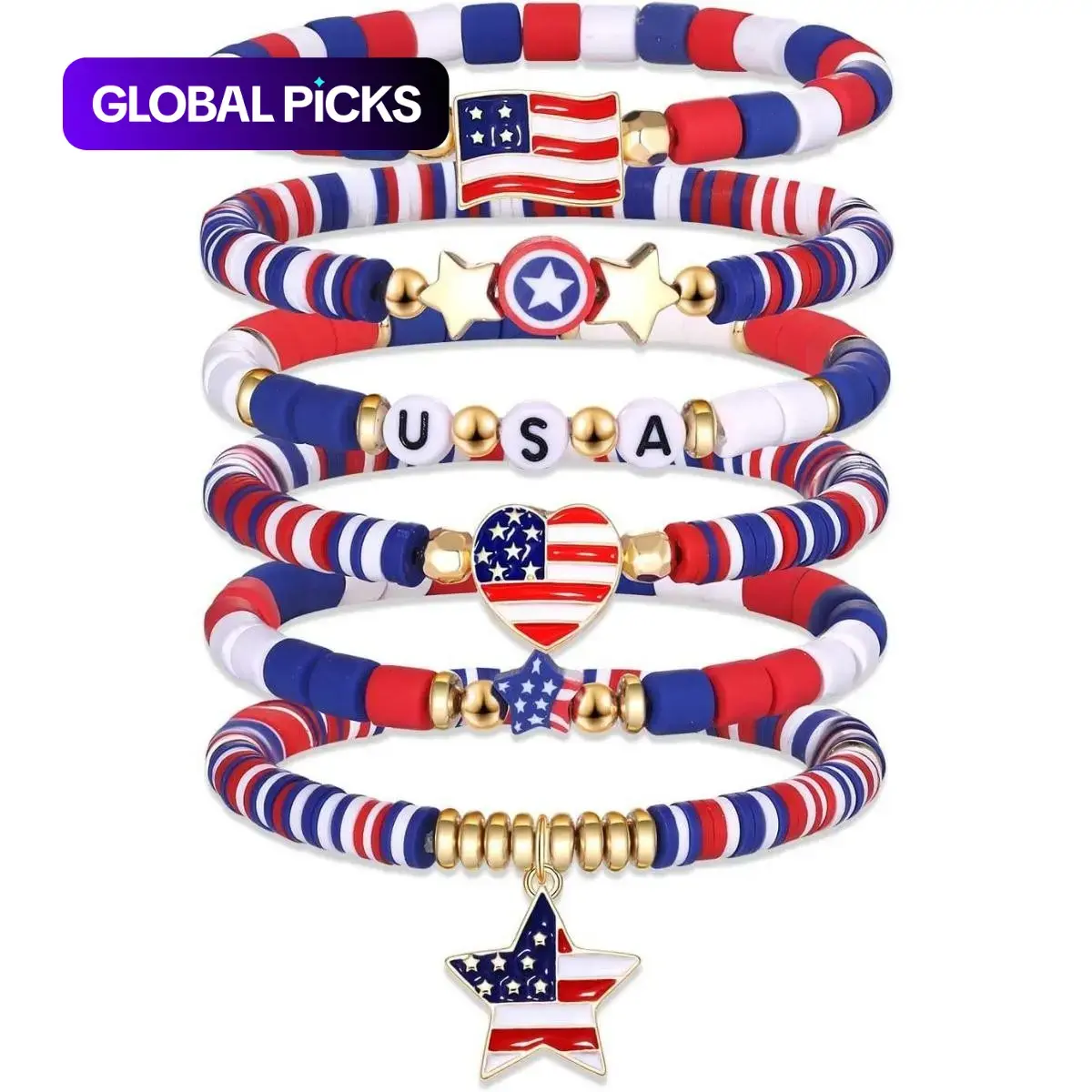 Independence Day Beaded Letter Bracelet Set, Elastic Star and Flag Design, July 4th Patriotic Jewelry, Stackable Clay Beads, Gift for Men and Women, Fashionable Chunky Bangles, Adjustable, Beaded Stretch Bangles #GLOBAL PICKS