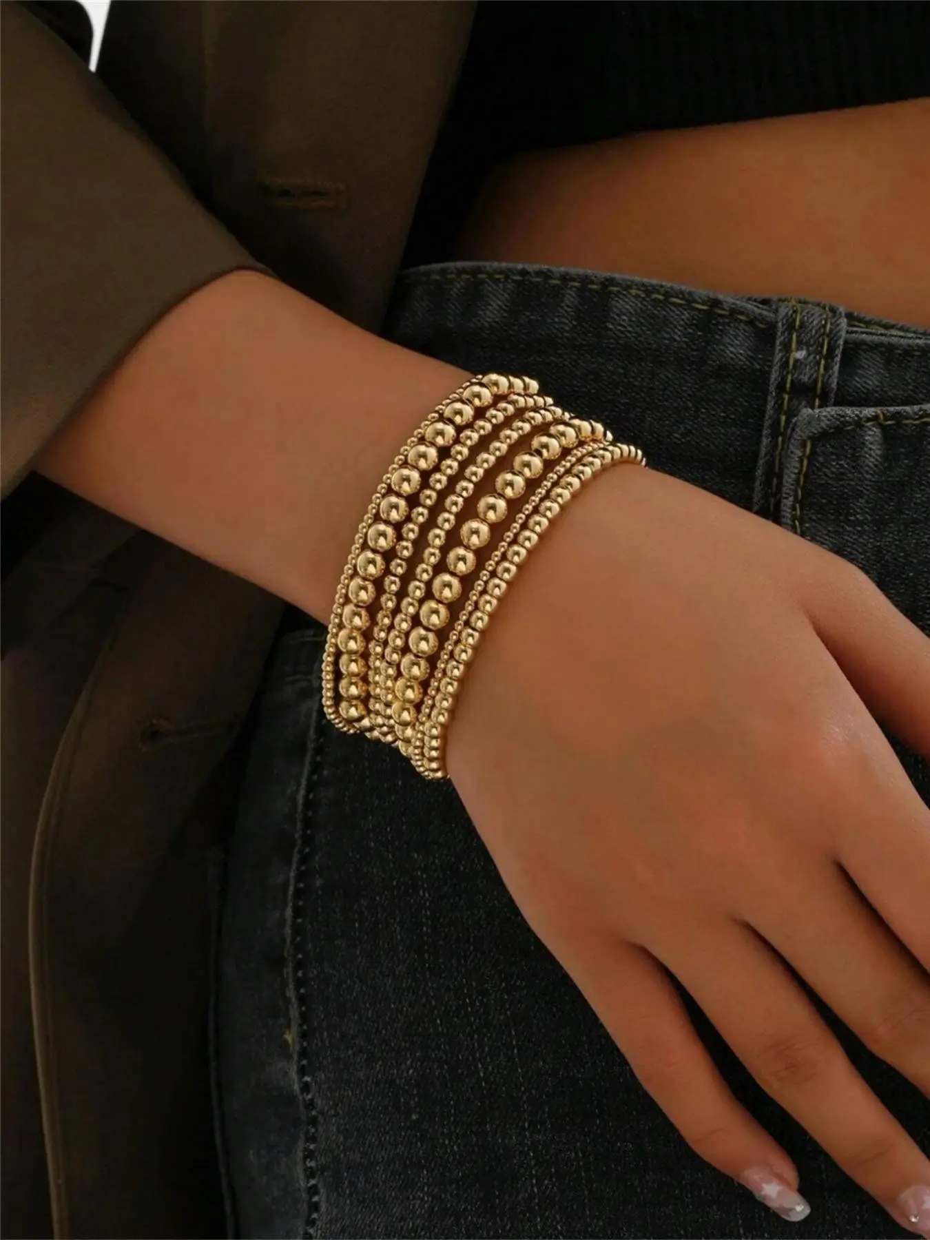 7 Pcs Elegant Beaded Bracelet Set, Luxury Fashion Jewelry, Ccb Round Beads, Perfect for Vacation Style, Simple Yet Chic Design