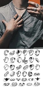 Vintage Silver Knuckle Ring Set, 42 Count Gothic Boho Adjustable Rings with Snake Skull Heart Designs, Y2K Punk Stackable Midi Rings for Women and Men