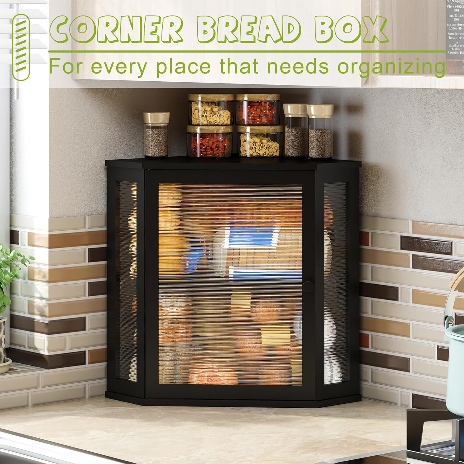 Corner Bread Box for Kitchen Countertop Double Layer  Wooden Bread box Large Capacity Bread Storage Bin(Black, )