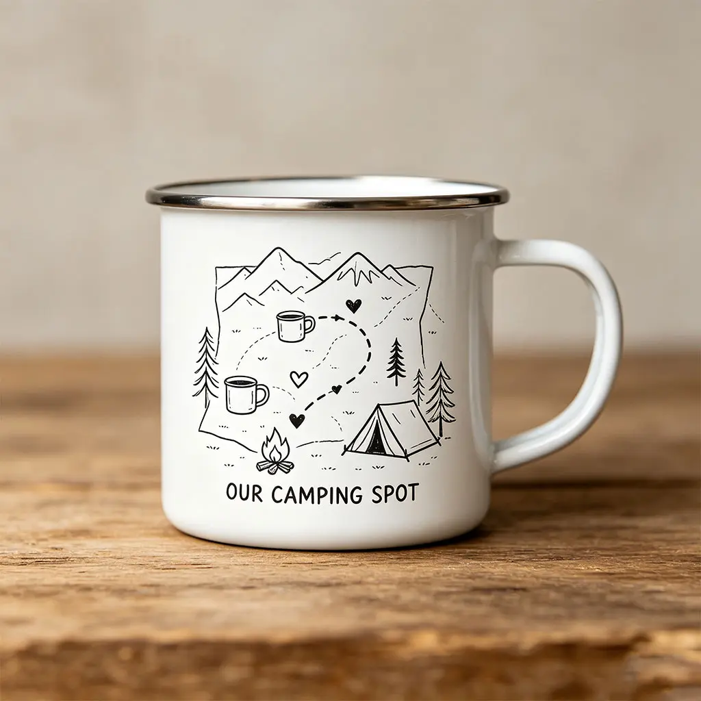 Our Camping Spot Enamel Mug Outdoor Adventure Gift For Campers Hikers Travelers White Metal Cup With Mountain Tent Fire Design
