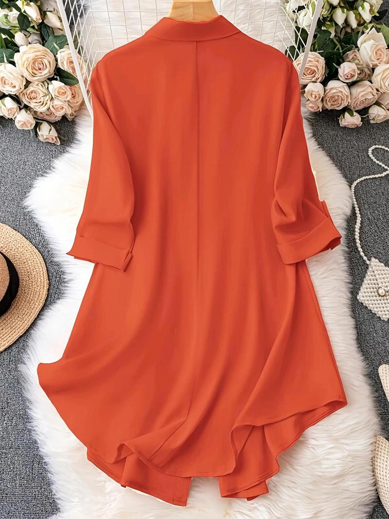 Plus Solid Long Sleeve Button Front Shirt Blouse, Casual Collared Button Up Top for Spring & Fall, Women's Clothes for Daily Wear, National Day Clothing