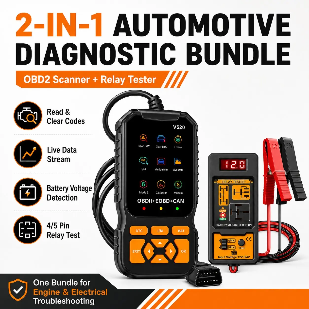 2-In-1 Automotive Diagnostic Tool Bundle, V520 Obd2 Scanner, 12V–24v Relay Tester, Read Clear Codes, Live Data, Battery Voltage Check