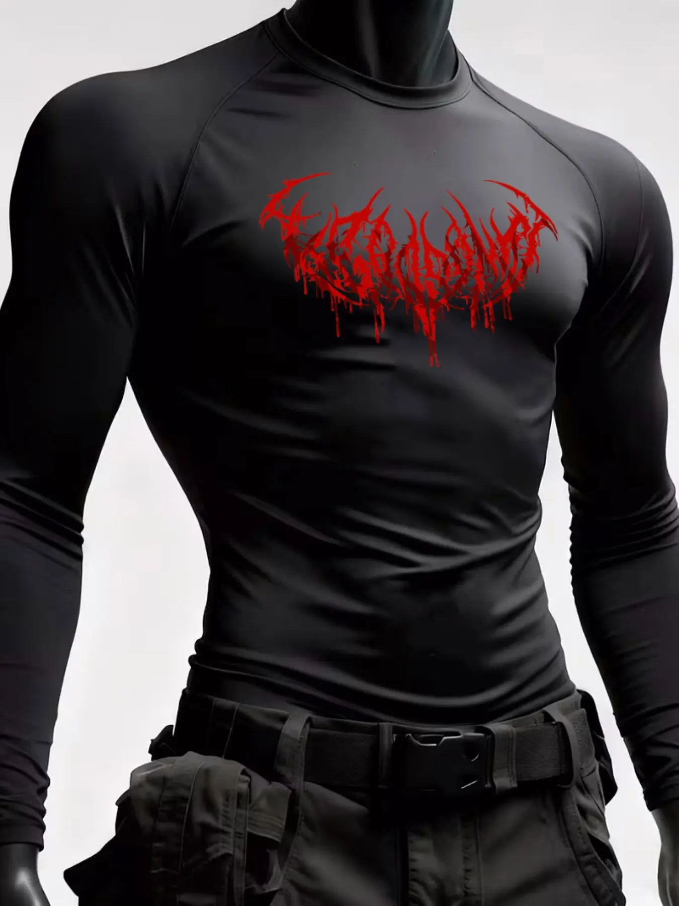 1pc Men's Long Sleeve T-Shirt Black Red Gothic Graphic Print Compression Tee Stretchy Tight Fit Top For Gym Workout Fitness Athletic Bodybuilding Training Baselayer Quick Dry Performance Tops.
