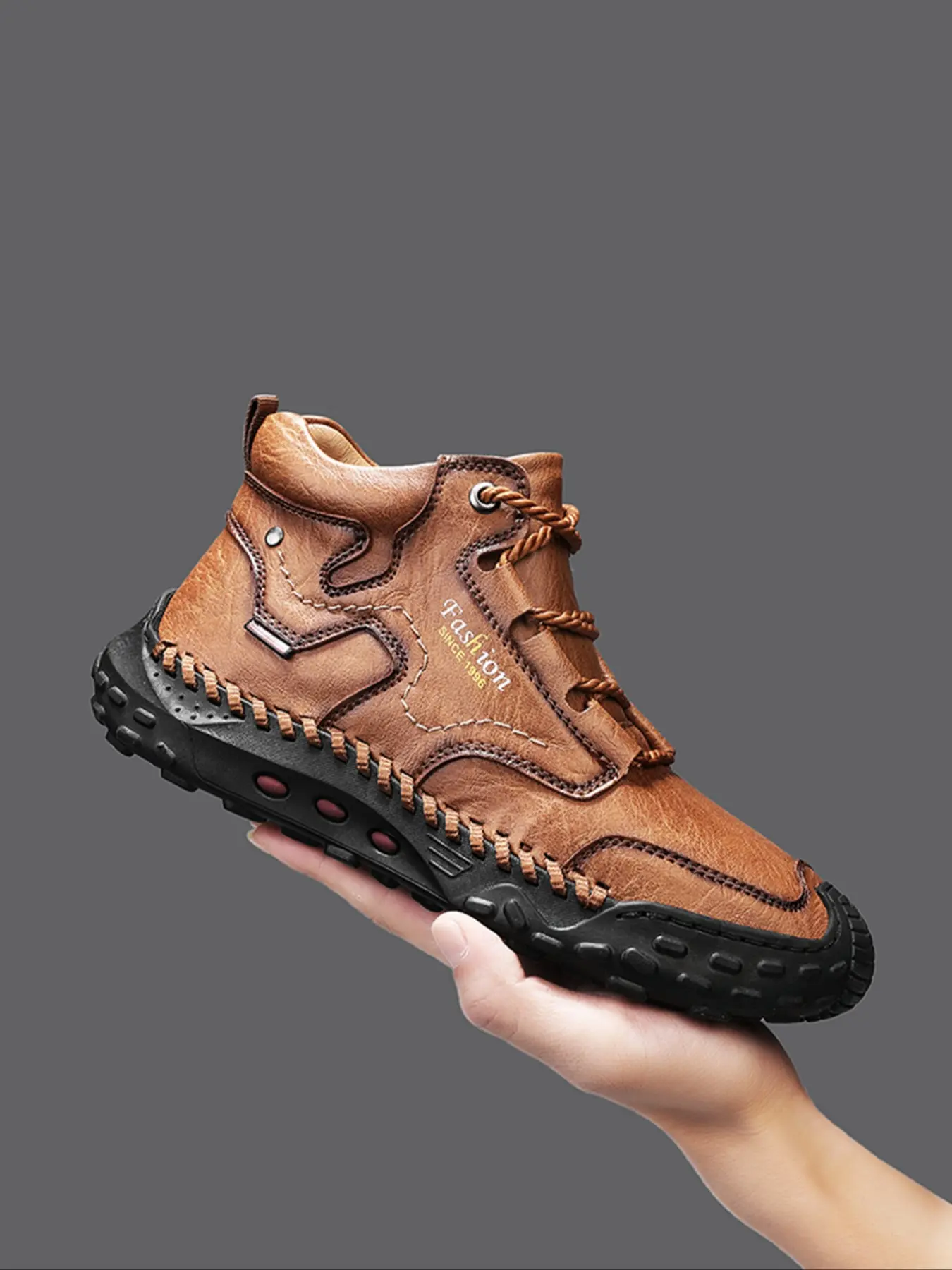 Men's Fashion Casual Shoes, Hand-Stitched Mid-Calf Boots, Microfiber Leather Laces, Rubber, Ideal for Daily Wear and Outdoor Activities, Plus Size