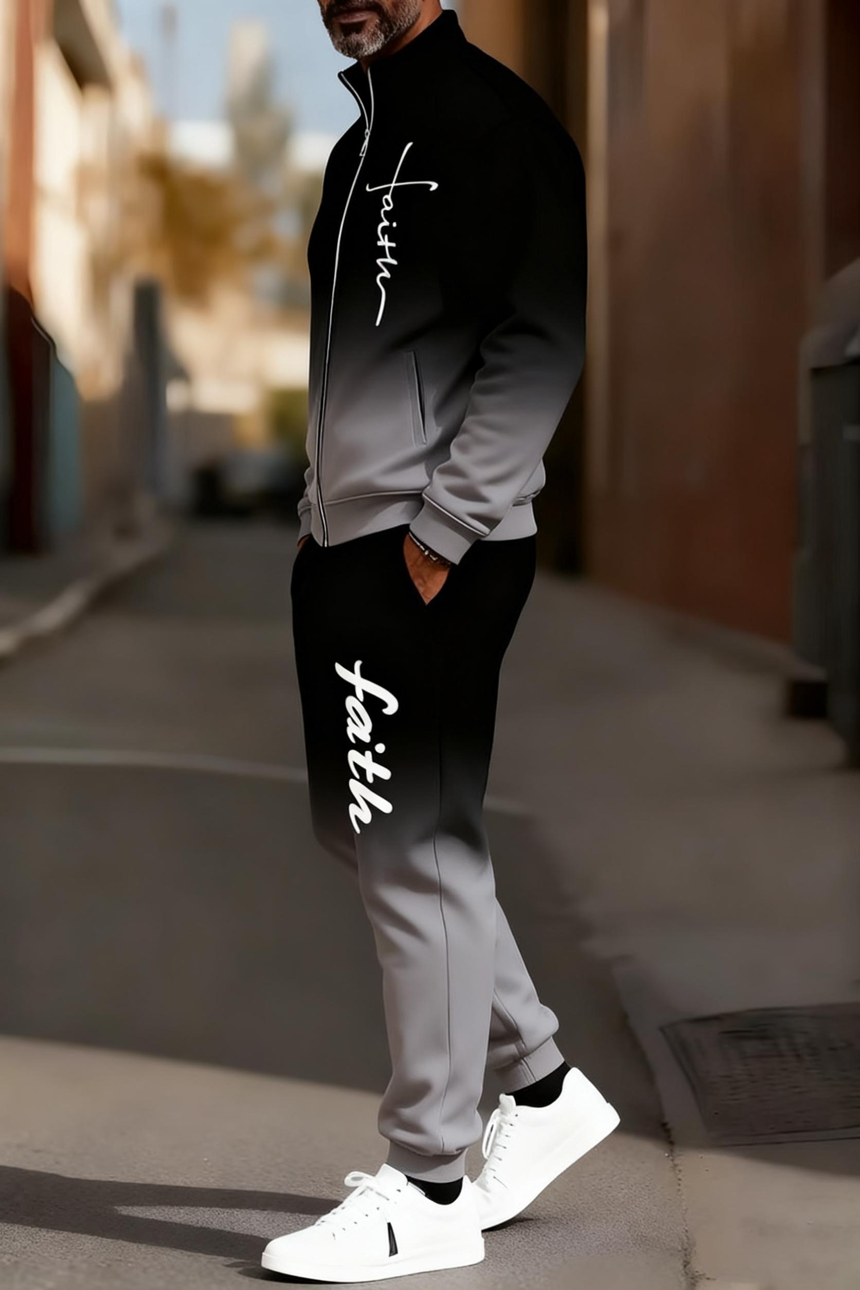 Men's fashionable and casual sportswear featuring a gradient digital print, including a stand-up collar cardigan jacket and pants, making it a two-piece set suitable for daily casual wear and trendy gradient sportswear series, Sporty Style Breathable Acti