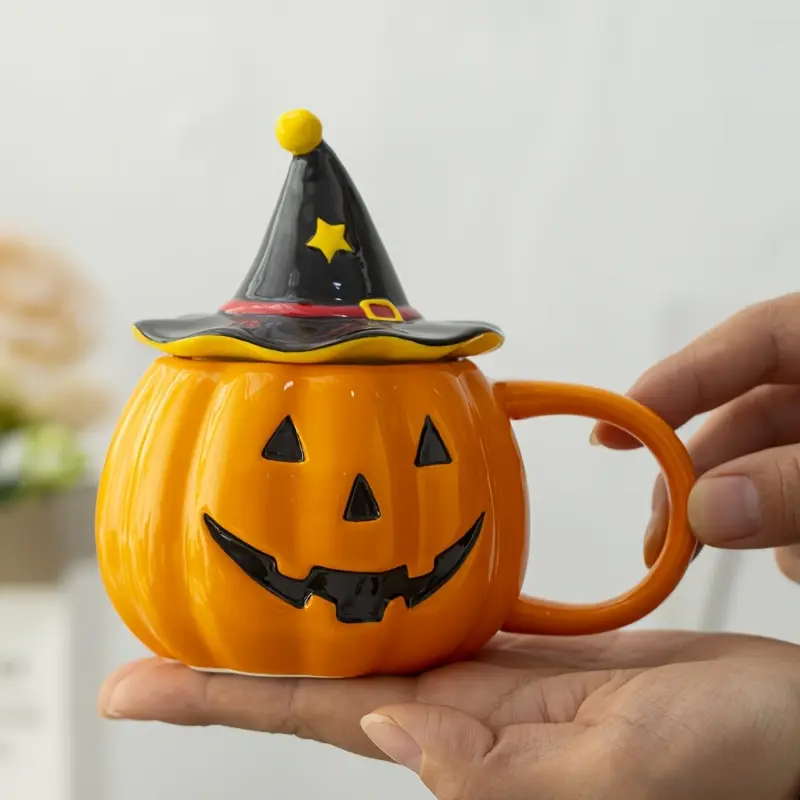 Halloween Pumpkin Wizard Hat Mug – Cute Ceramic Coffee Cup with Lid – Novelty 3D Jack-o'-Lantern Mug for Halloween Party Decor & Fun Holiday Gift