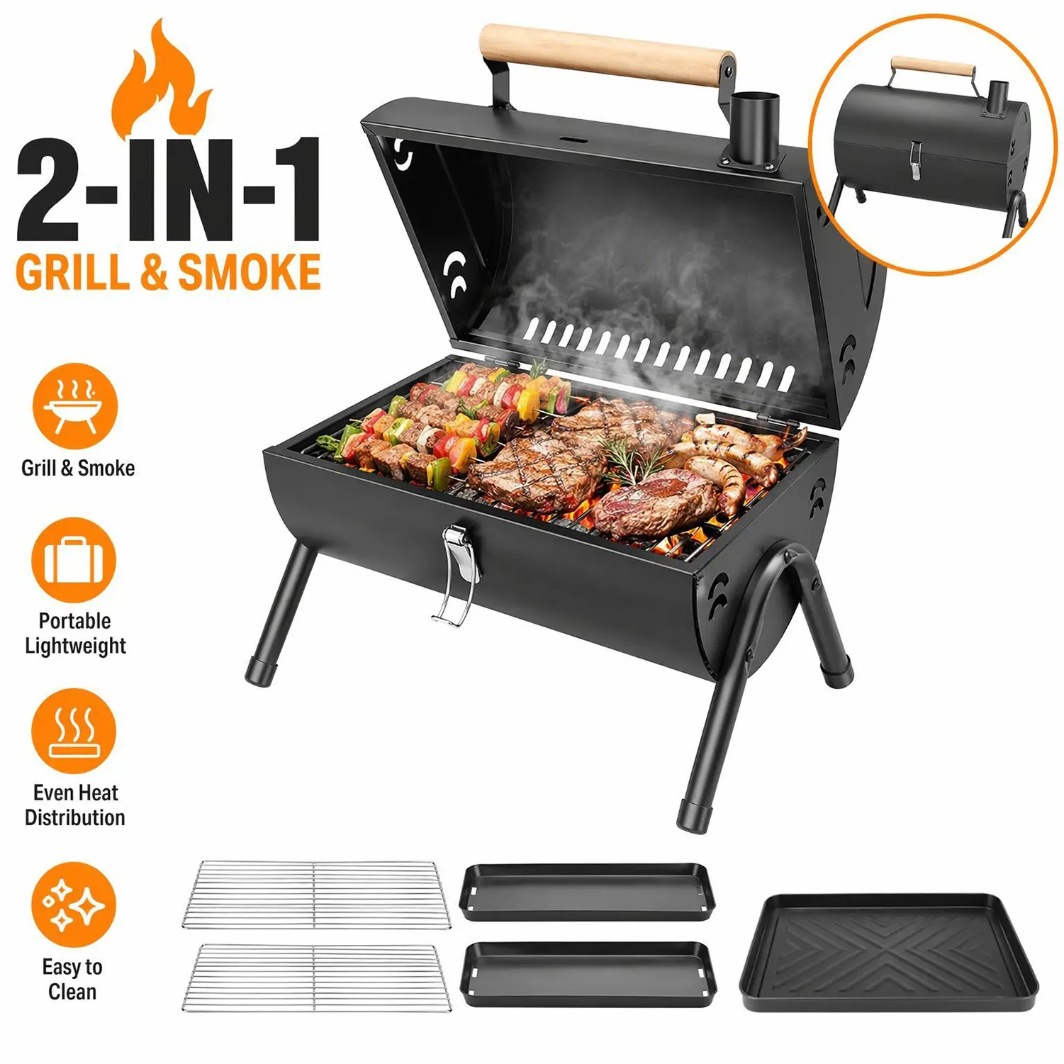 Compact Foldable BBQ Grill - Portable Charcoal Grill & Smoke Windproof Cooker with Griddle Plate, Stainless Steel Grate, Easy Setup, Easy Cleanup for Picnic, Beach