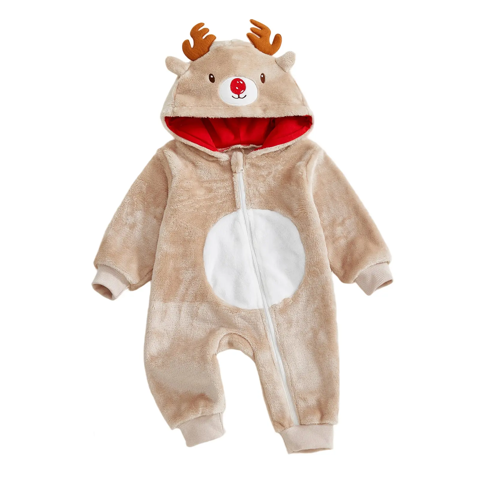 Baby Christmas Reindeer Hooded Romper, Long Sleeve Zip Up Full Length Jumpsuit, Fall Winter Soft Fleece Infant Xmas Outfit Newborn Onesie