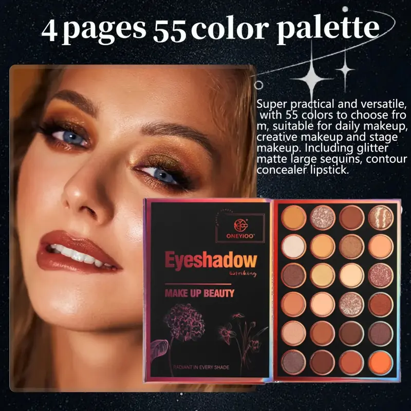 Extra Large 4-Page 55-Color Eyeshadow Palette with 24 Matte & Shimmer Shades, 6 Lip Glosses & 9 Highlighters - Multifunctional Makeup Set for Women, Perfect Holiday Gift, Makeup Essentials, Sleek Makeup , Durable Makeup