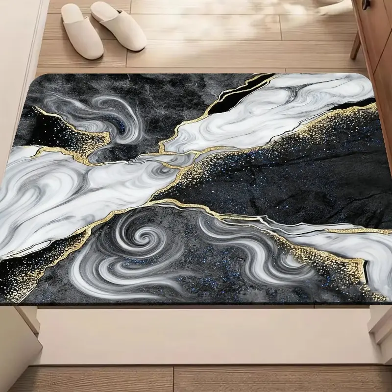 1pc Flannel Entrance Door Mat, Gold Marble Design, Anti-Slip, Absorbent, Modern Home Decor