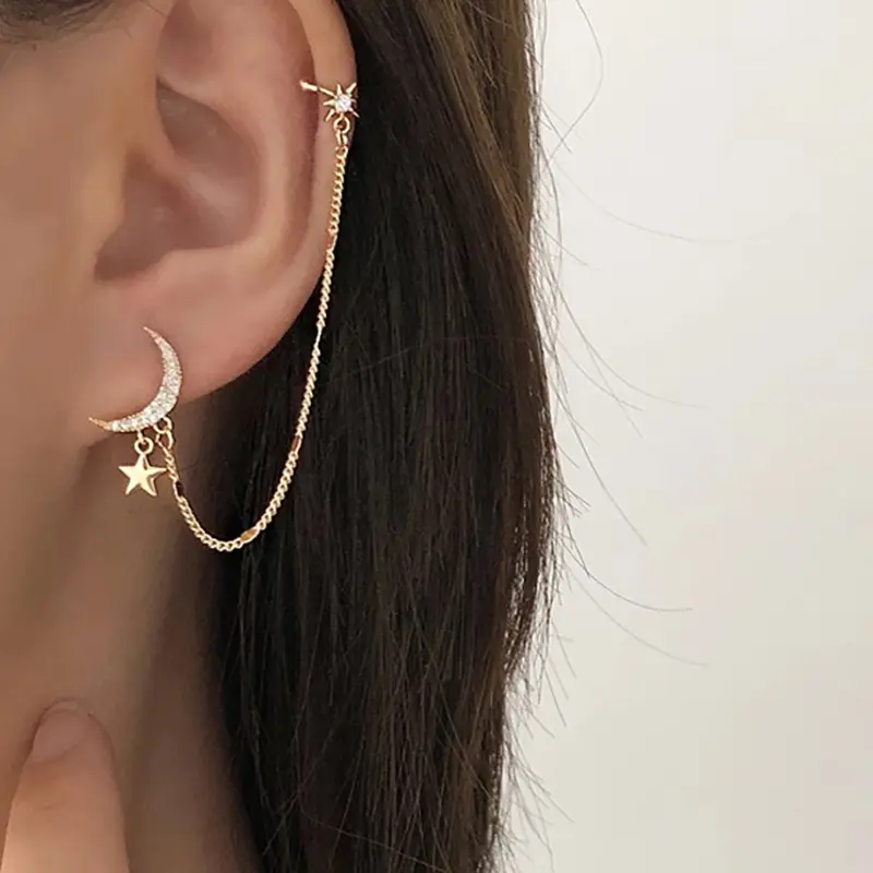 Women's Star Drop Earrings with Dangling Chain Ear Cuff, Gold-Tone Zircon Moon Helix Clip-On, Jewelry Gift, Female, Link Chain, All Seasons, Cz Crescent Moon, Dangly Earrings, Cubic Zirconia Earrings
