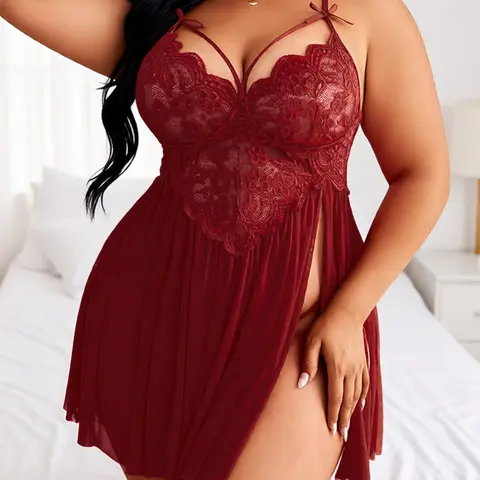 Plus Size Women's Sexy Contrast Lace Lingerie Set, Romantic Sheer Split Hem Nightdress & Thong, Sleepwear