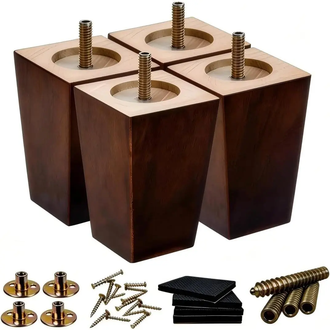 SHANJUE Heavy Duty Square Wooden Furniture Legs - 5 in 4PCS Replacement Set, 1500LBS Load Capacity, M8 & 5/16 Hanger Bolts, Robot Vacuum Safe Clearance for Couch Chair Dresser Cabinet Bed, Wooden Legs, Furniture Parts