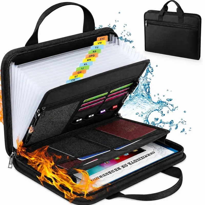 Fireproof & Waterproof Accordion File Organizer, 13 Pocket Expanding File Folder with Handle, Portable Document Organizer for A4 Papers, Bills, Receipts and Important Files, Black