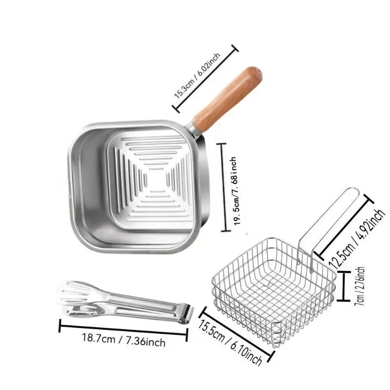 Square stainless steel frying pan with frying basket, Cooking Pan Set, three piece set