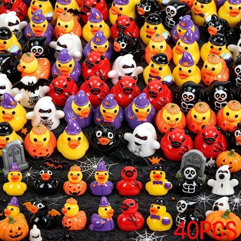40 miniature ducks with Halloween themes, featuring 8 different styles, including devil pumpkins, skull spiders and small resin ducks. Perfect for decorating gardens, miniature landscapes, or as DIY party gifts.