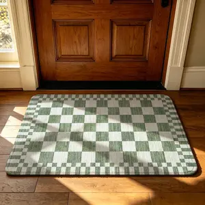A rectangular chessboard-patterned entryway floor mat with a soft, machine-washable design, featuring anti-slip felt and silicone edges. Ideal for preventing dirt in entryways, bedroom doorways, bathroom entrances, or use as a bedside mat for baref