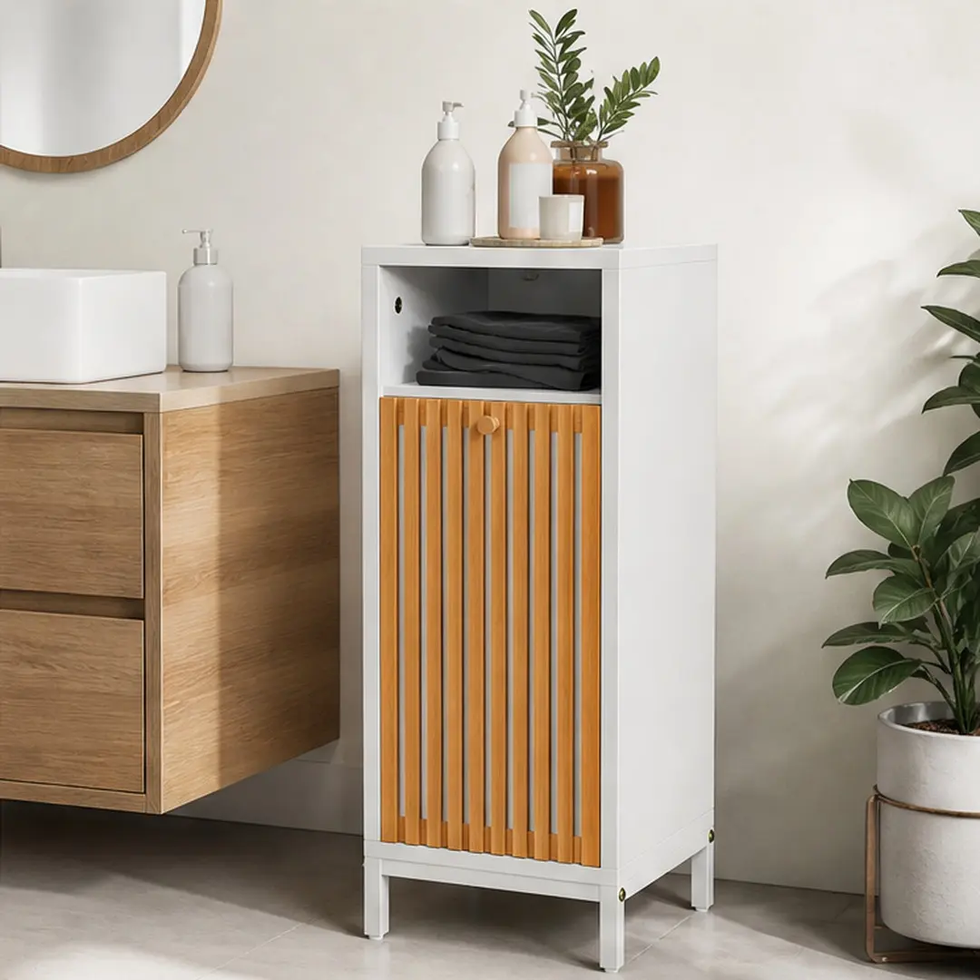 ARCH Freestanding Tall Cupboard - Bamboo Front Wood Floor Cabinet for Bathroom, 2 Shelves, 1 Drawer, 1 Door, White & Natural Lacquered MDF, Concealed Removable Laundry Hamper, 25.68 lb, Assembly Required, 13" W x 13" D x 33.5" H Modern Minimalist