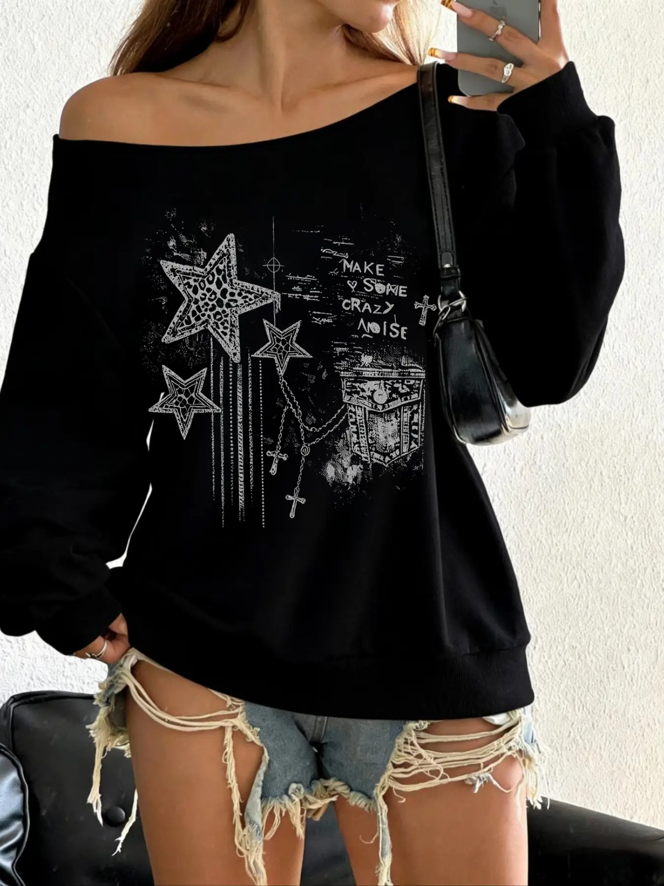 Leopard Star Cross Graphic Off‑Shoulder Sweatshirt, Oversized Slouchy Boat Neck Long Sleeve Tops, Grunge Y2K Punk Streetwear Aesthetic, Trendy for Street Shoot Hangout Club Party Daily Going‑Out Off‑Shoulder Sweatshirt