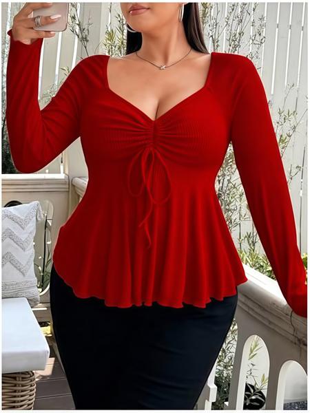 【Plus Size】 Solid Bow Decor Thumb Hole Curved Hem Tee, Plus Casual Long Sleeve T-shirt for Daily Wear, Women Plus Clothing for Fall & Winter, Top