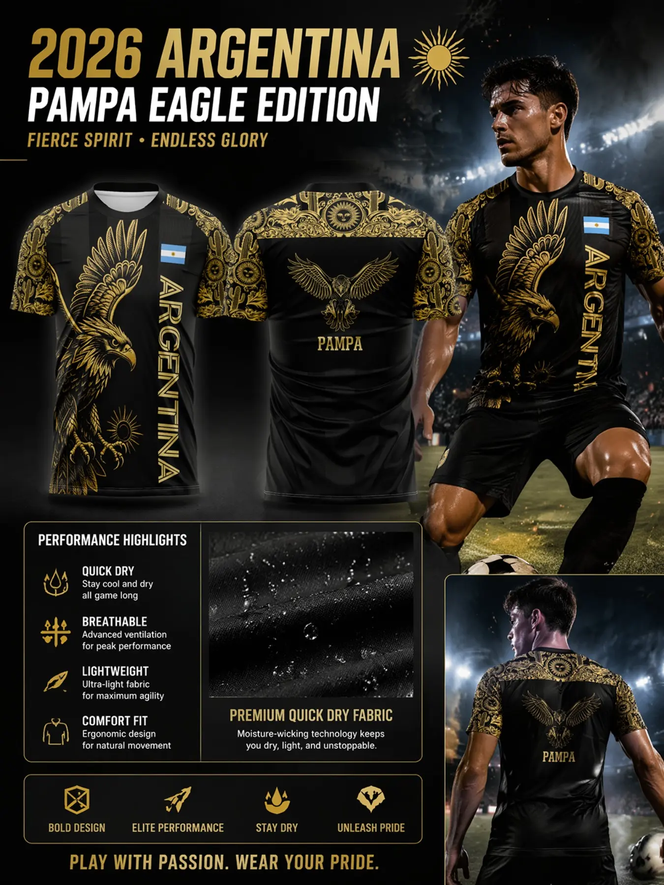 2026 Pampa Eagle Argentina Style Soccer Jersey, Men's Quick-Dry Breathable Lightweight, Moisture-Wicking, Bold Eagle Design, Sporty Fit, Lightweight Football Jersey