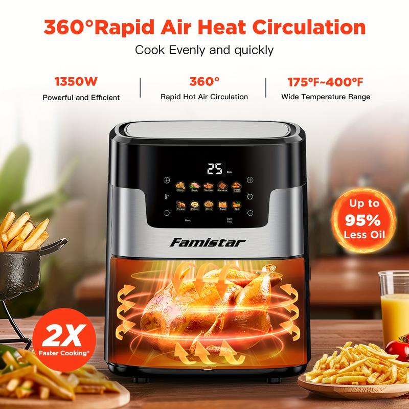 [10-in-1 Air Fryer] 10-in-1 Digital LED Touch Screen Air Fryer, 7.5QT stainless steel material Oilless Cooker with 10 Preset Cookings, Dishwasher-Safe Basket & 20pcs Air Fryer Paper Liners