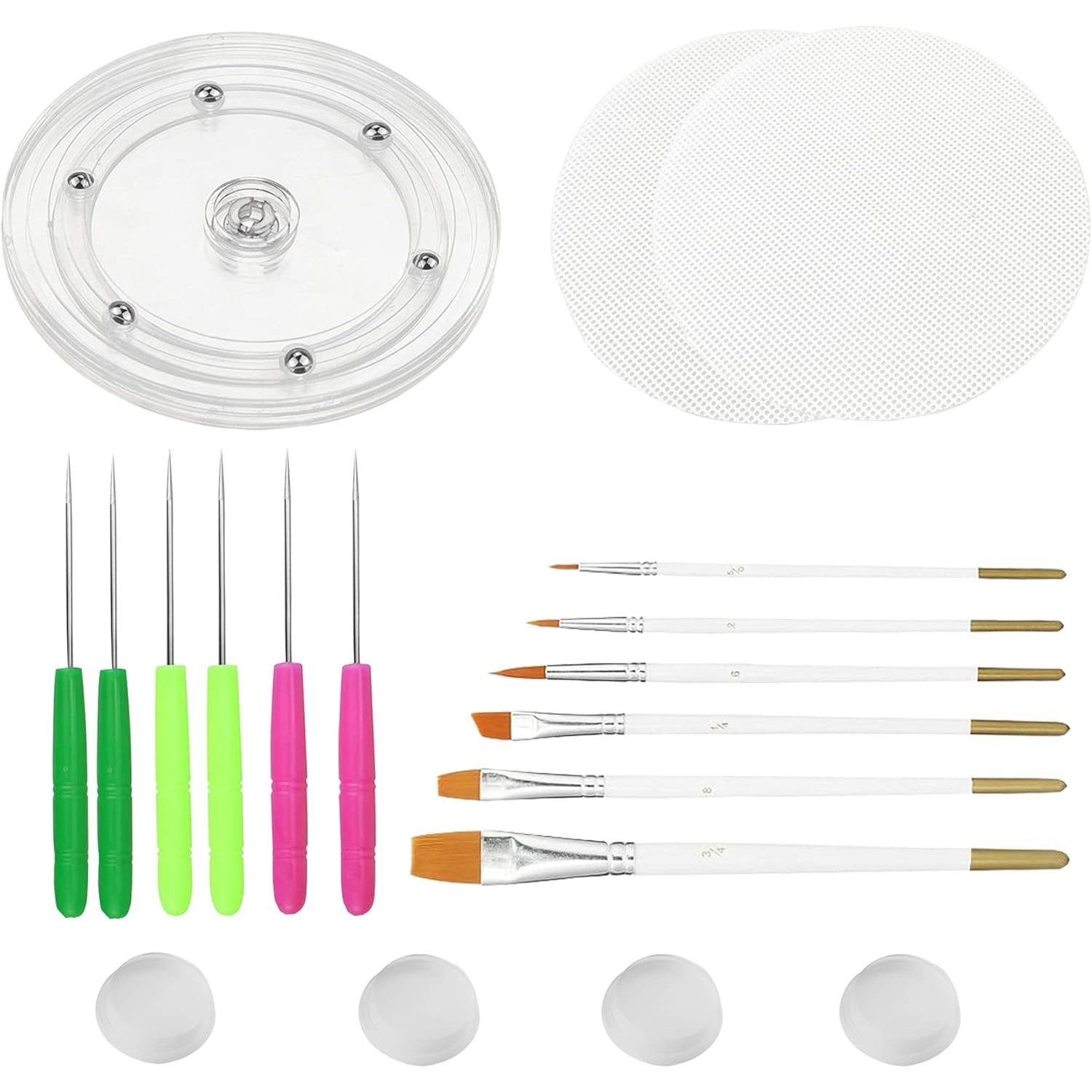 19 Pcs Cookie Decorating Kit Supplies Including 1 Acrylic Turntable 6 Scribe Needle 2 Silicone Mesh Mats 6 Cookie Decoration Brushes 4 Rubber Feet Bumpers