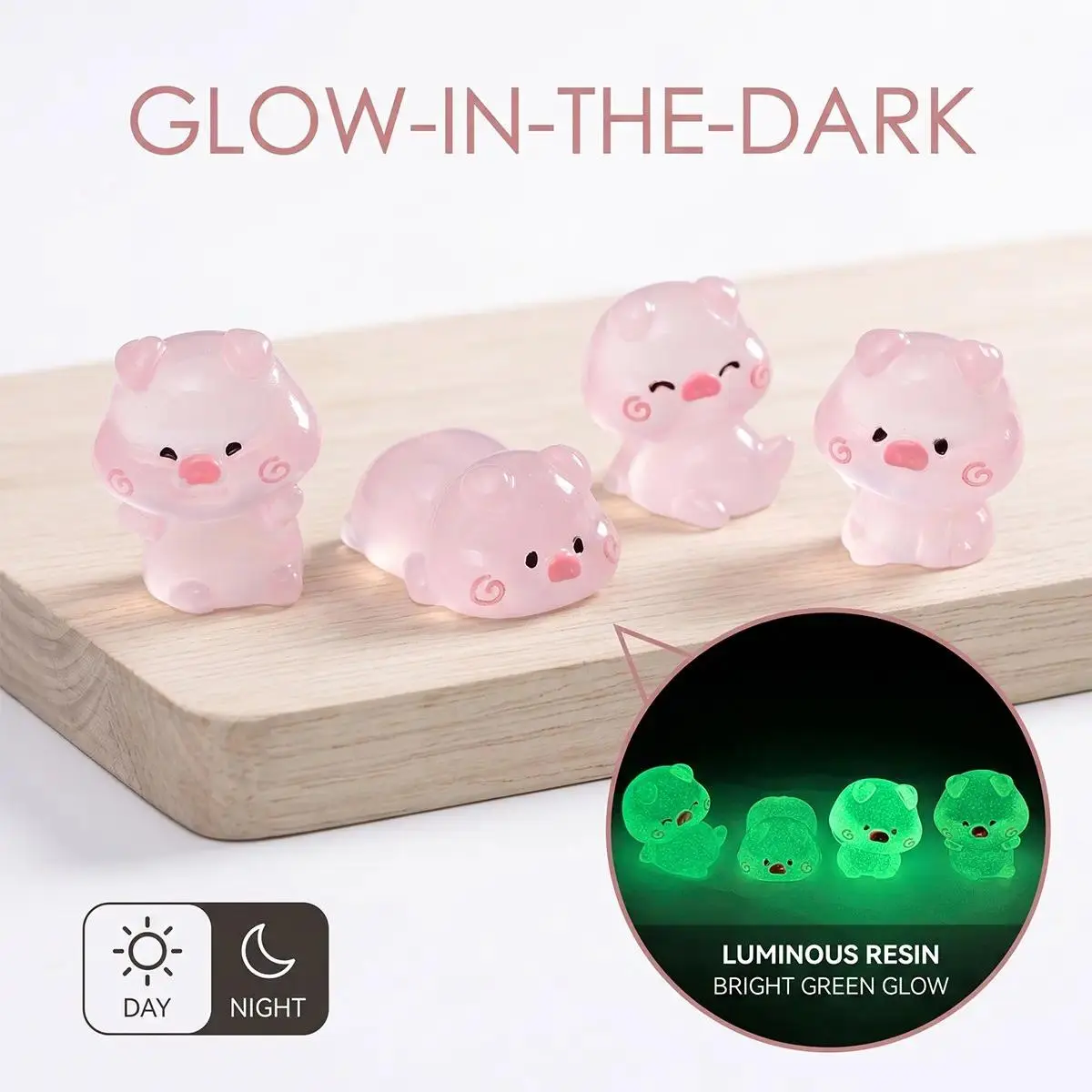 4PCS Glow in the Dark Mini Pig Resin Figurines, Cute Semi-Transparent Animal Ornaments for DIY Micro Landscape, Garden Decor, Craft Supplies & Aesthetic Home Display