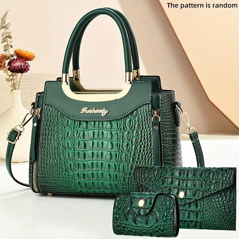 Women's 3-Piece Handbag Set, Elegant Crocodile Embossed PU Leather Satchel with Top Handle, Crossbody Bag with Matching Wallet & Compact Coin Purse for Gifting, Ample Wallet Slots, Brand Logo Embossing, Compact Coin Pocket, Handbags For Women, Light Luxe,